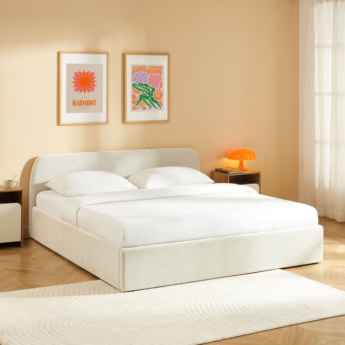 Lit coffre tissu chenille avec sommier GELA ecru, BAÏTA