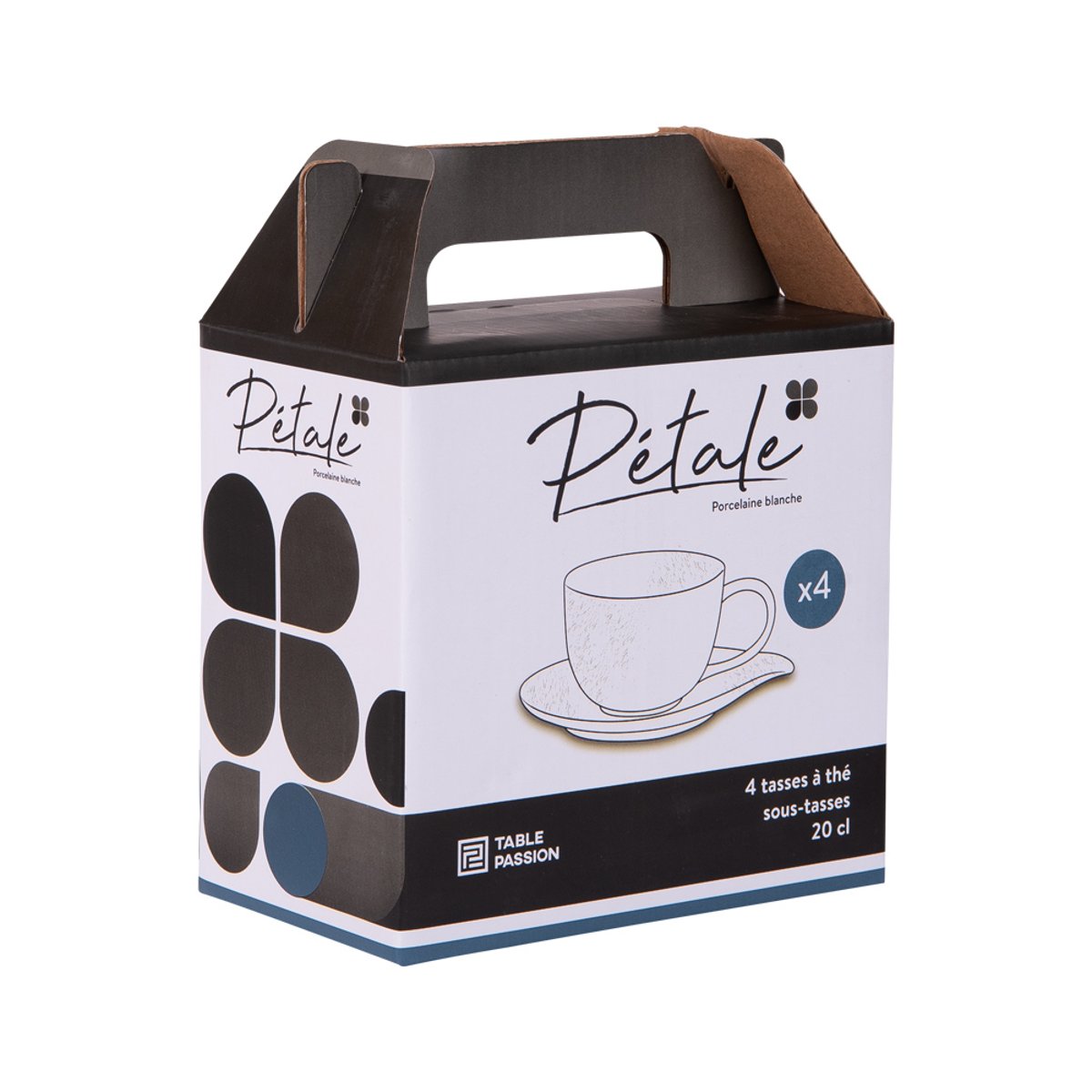Coffret de 4 tasses à thé avec sous tasses 20 cl Pétale blanc, TABLE PASSION