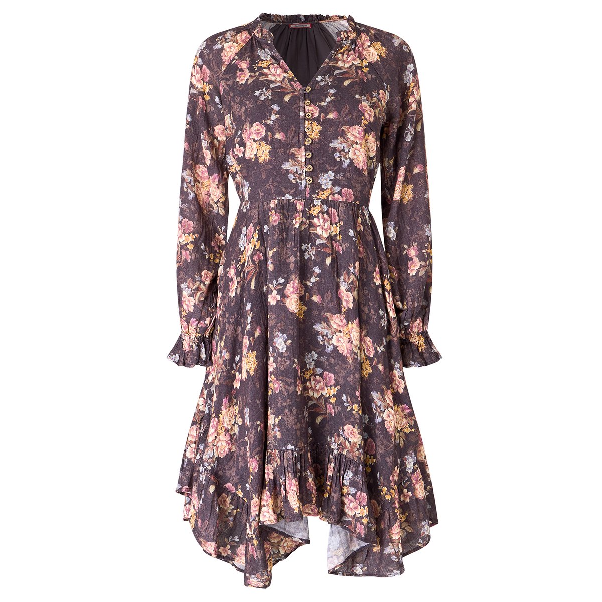 Robe Mi-Longue à Ourlet Plongeant Fleurs Anciennes marron, JOE BROWNS