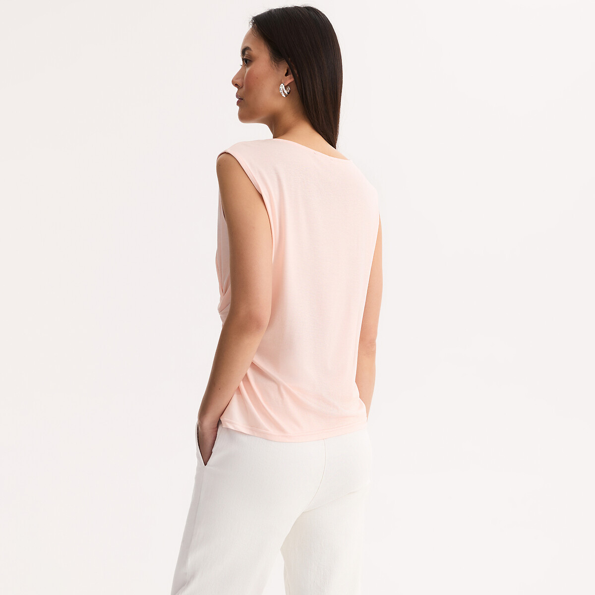 T-shirt sans manches drapé col rond rose, ANNE WEYBURN