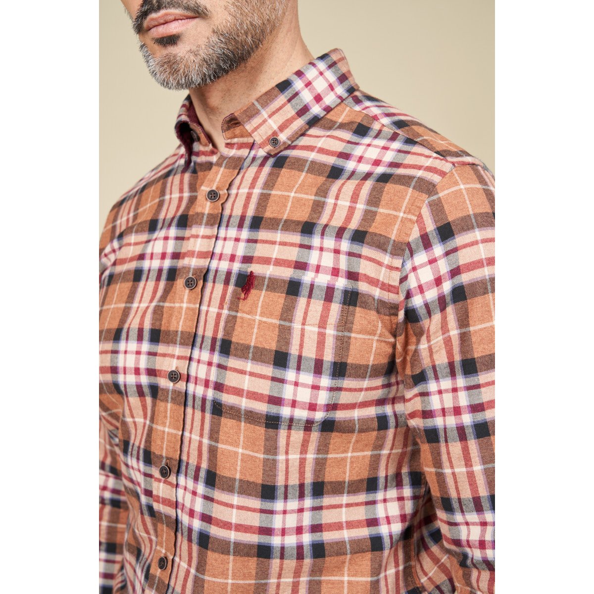 Chemise à carreaux à col boutonné chocolat, MCS
