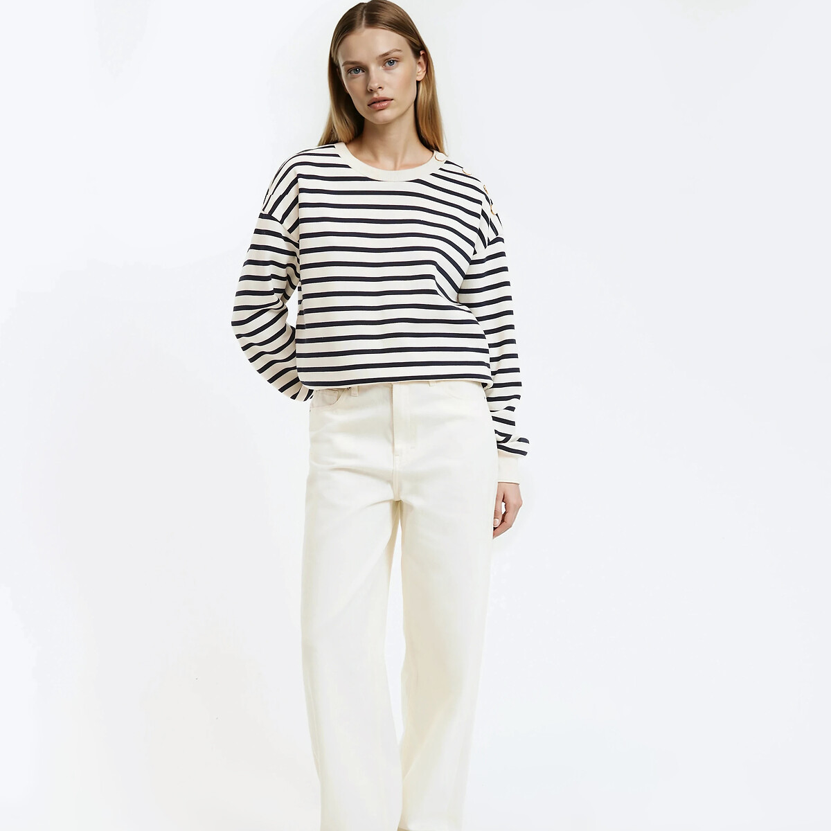 Sweat à rayures col rond, épaule boutonnée rayé ivoire/marine, LA REDOUTE COLLECTIONS