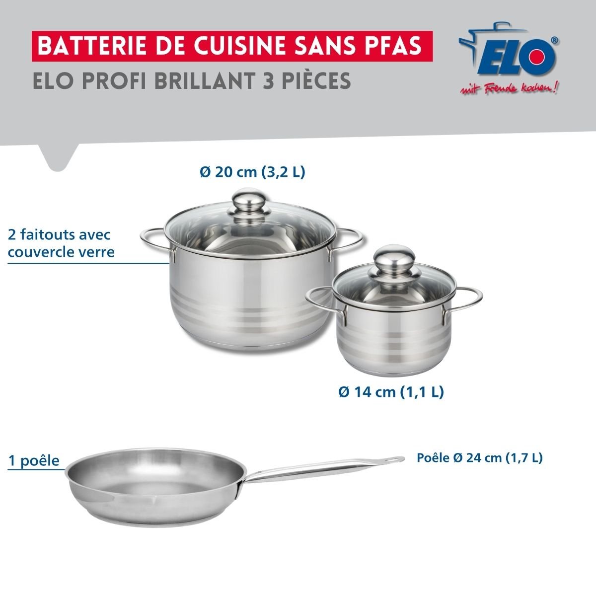 Batterie 1 poêle 24cm + 2 faitouts 14/20cm PROFI BRILLANT gris, ELO