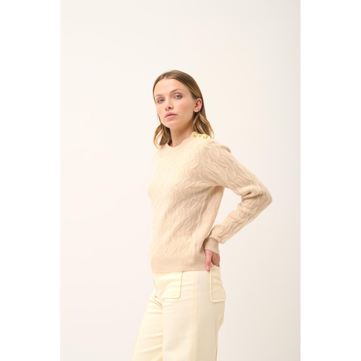 Pull Col Rond Marin 4 Fils Sable Lynd beige, JUST CASHMERE