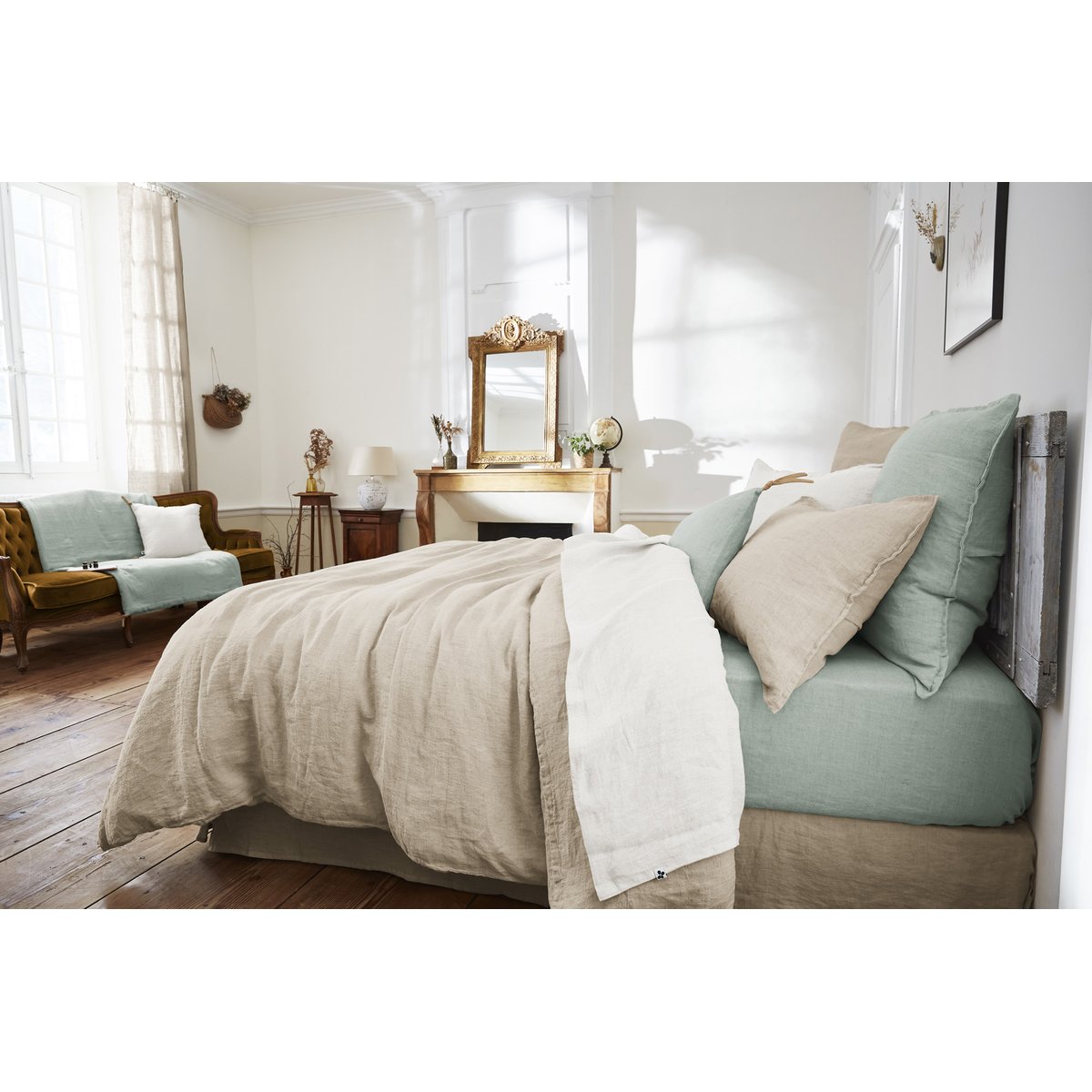 Drap Housse en Lin Lavé 140 x 190 cm Caramel kaki, EDEN