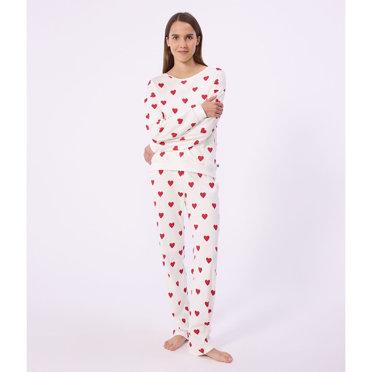 Pyjama long en coton, imprimé cœur blanc cœur rouge, PETIT BATEAU