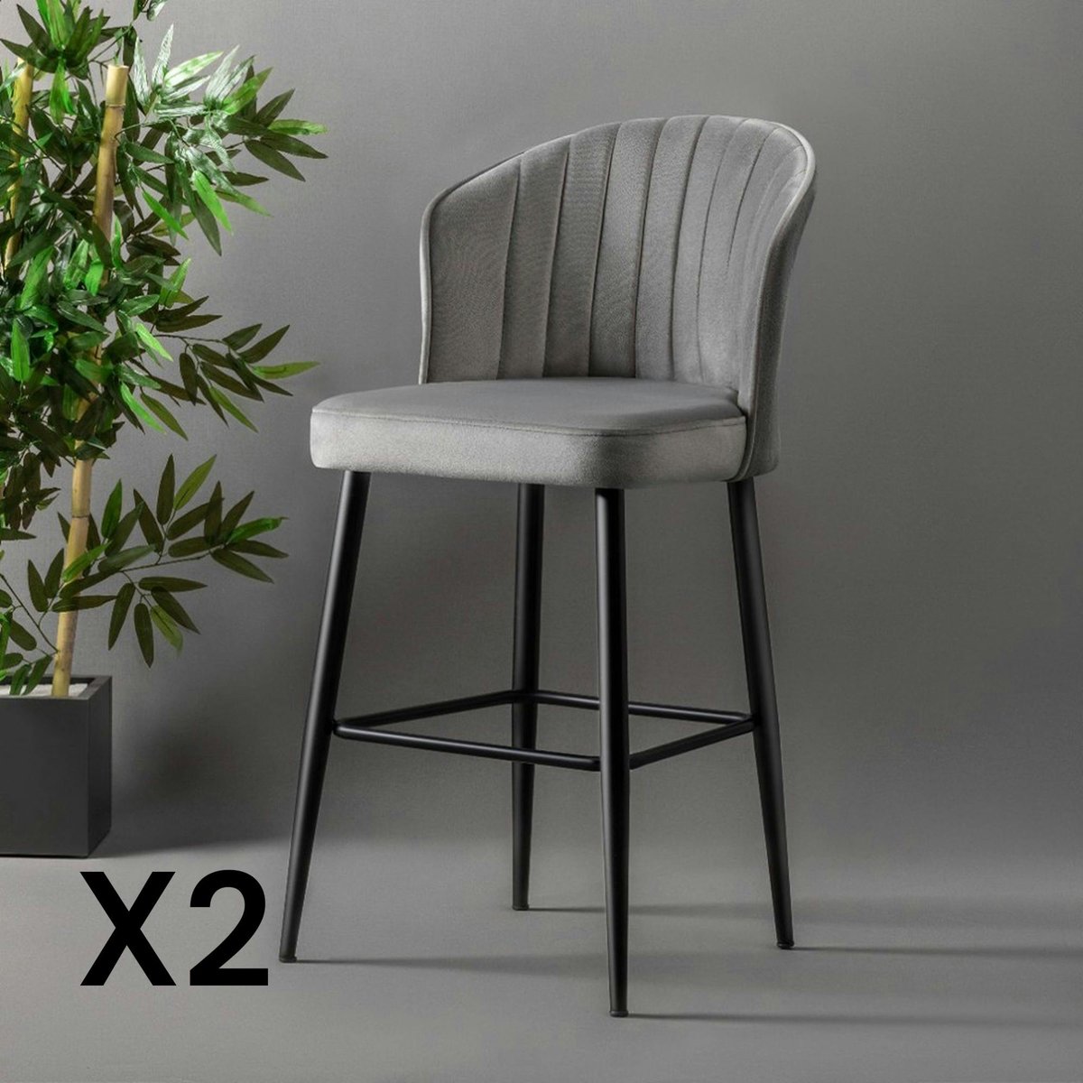 Tabouret de bar en velours (lot de 2) ROSARIO gris, PIER IMPORT
