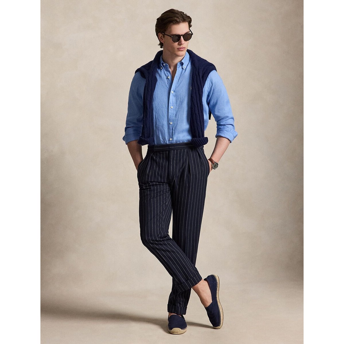 Camicia in lino Custom Fit blu tinta unita , POLO RALPH LAUREN
