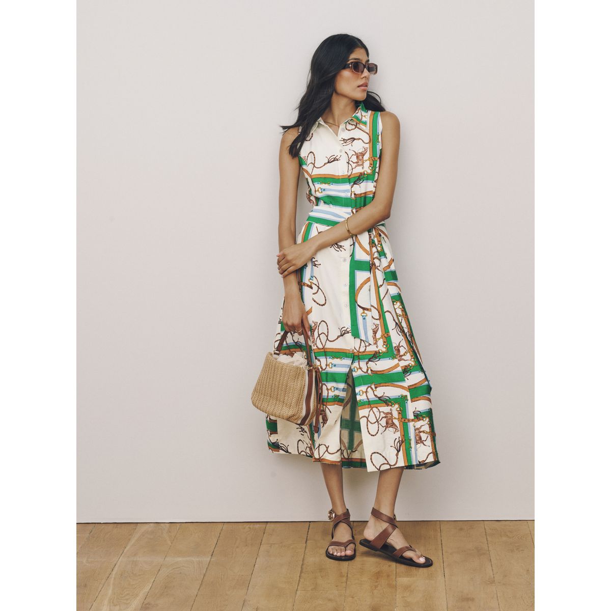 Robe mi-longue dos nu avec ceinture imprimé corde verte/blanche, NEXT