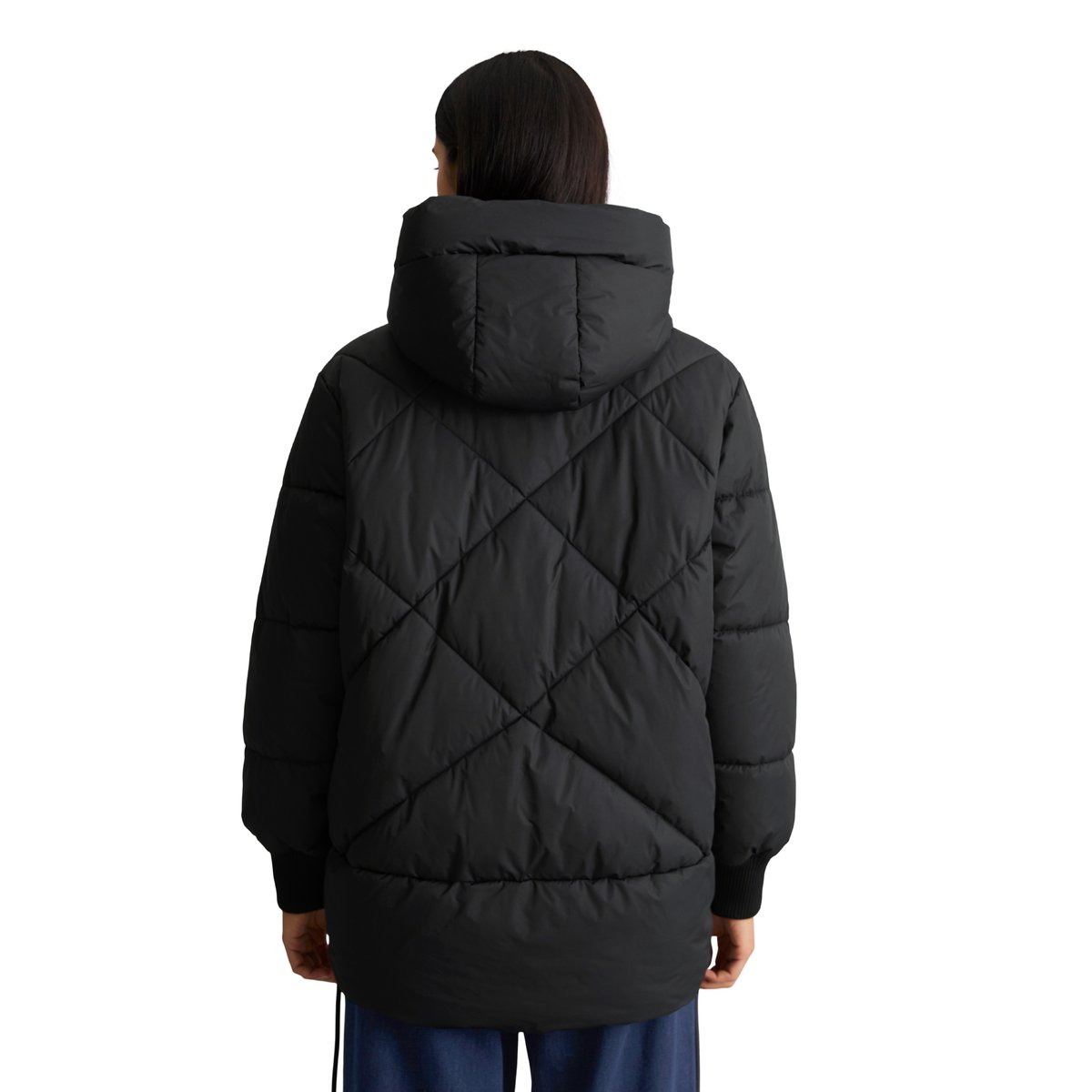 Veste matelassée longue à capuche, coupe décontractée en polyester recyclé noir, MARC O’POLO DENIM