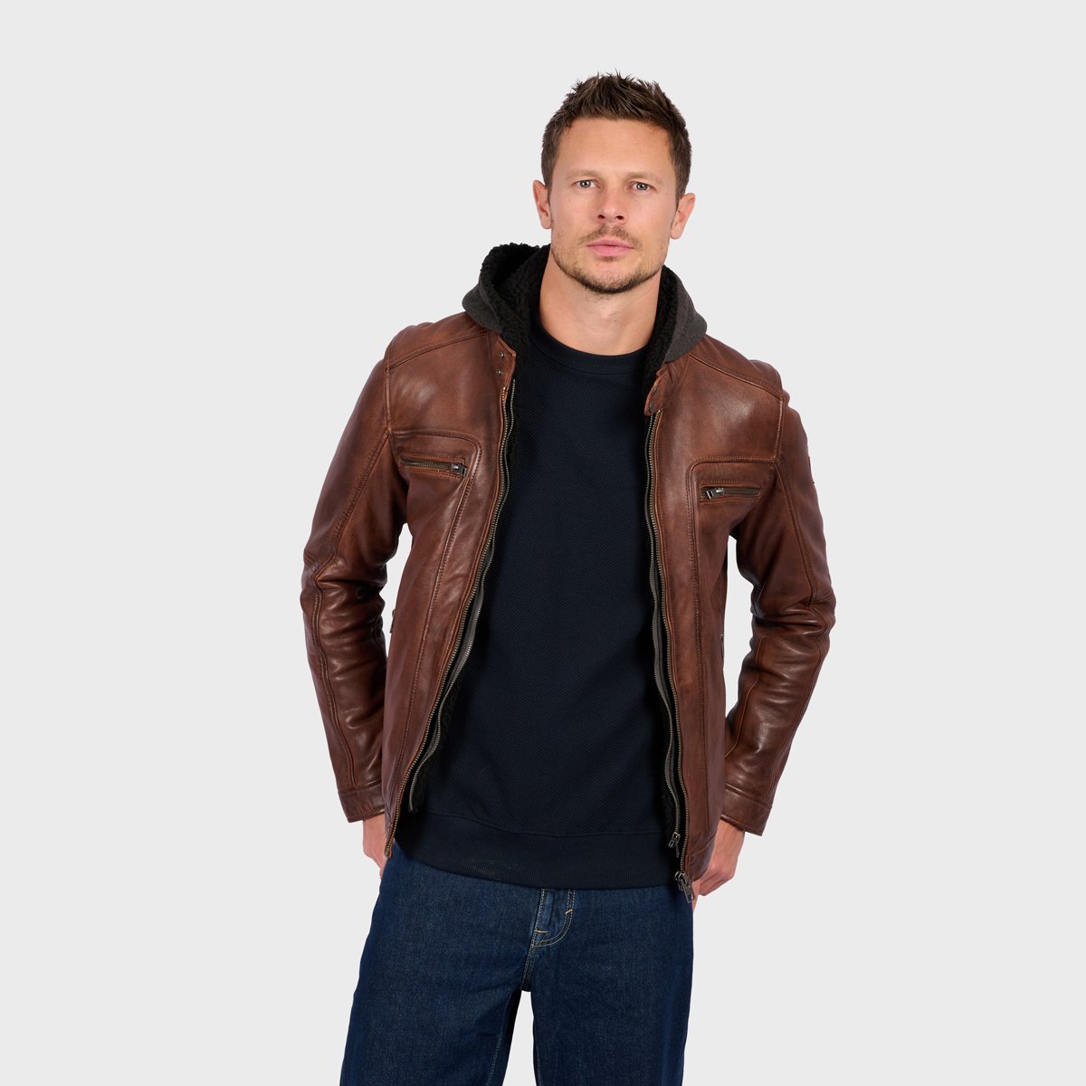Veste en cuir à manches longues et col mao DRINK cognac, OAKWOOD