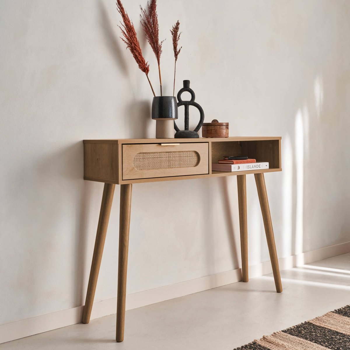 Console scandinave décor bois et cannage arrondi 1 tiroir EVA naturel, SWEEEK