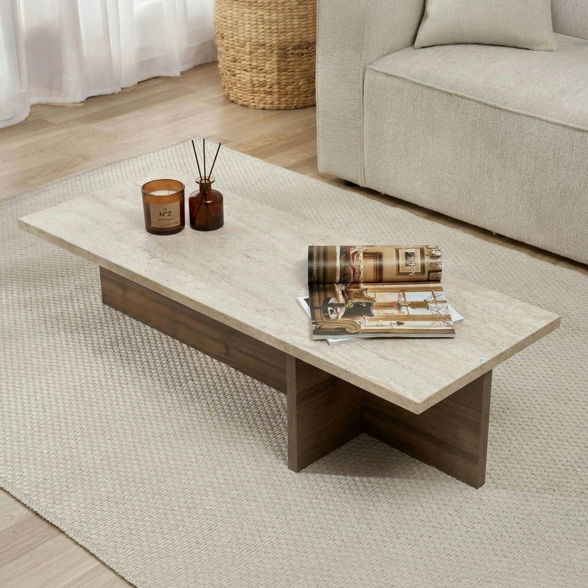 Table basse étroite décor travertin et noyer MARFA beige, PIER IMPORT