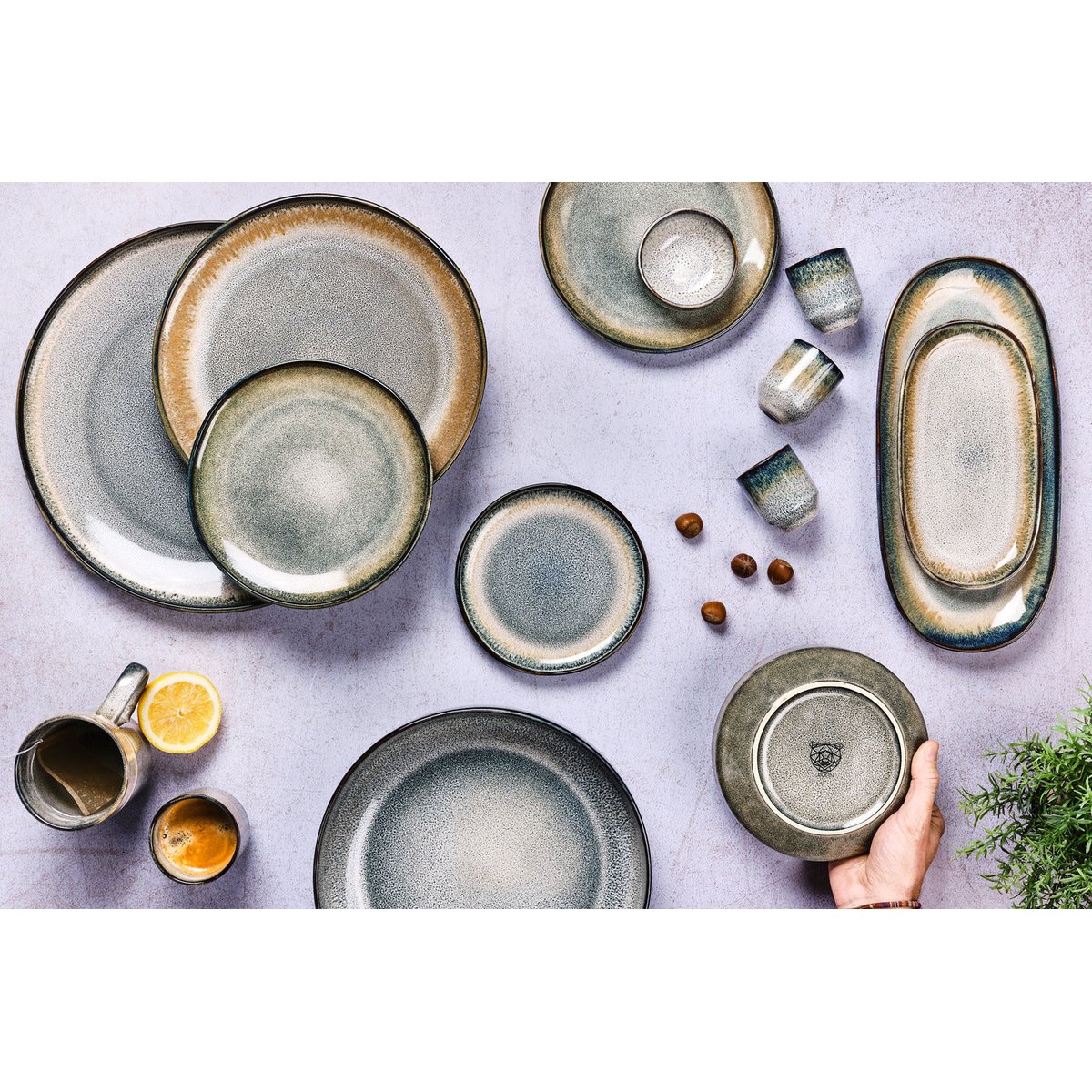 Lot de 18 set les essentiels en grès, GENESIS dégradé bleu gris kaki, BJORN