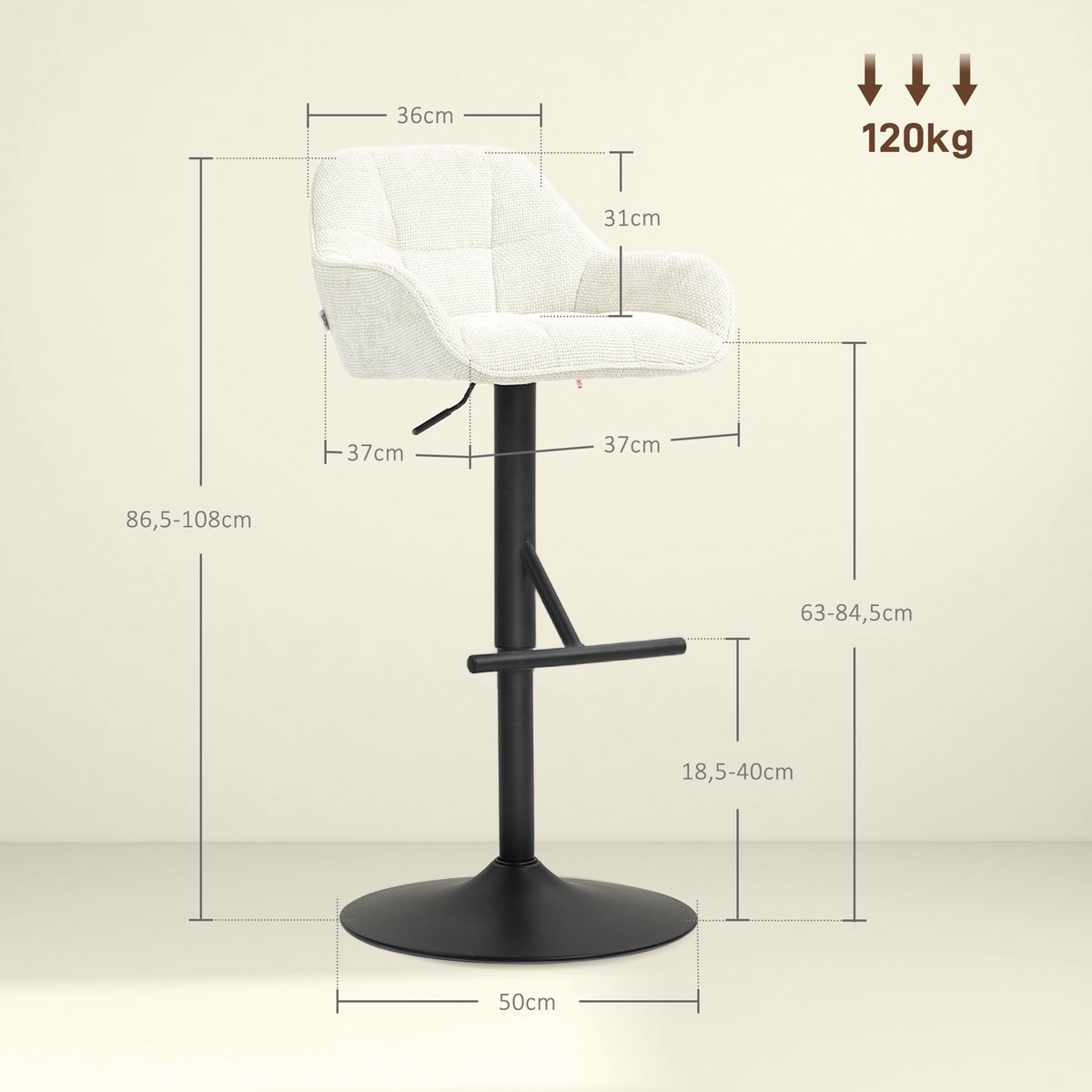 Tabouret de bar Polyester Crème crème, noir, HOMCOM