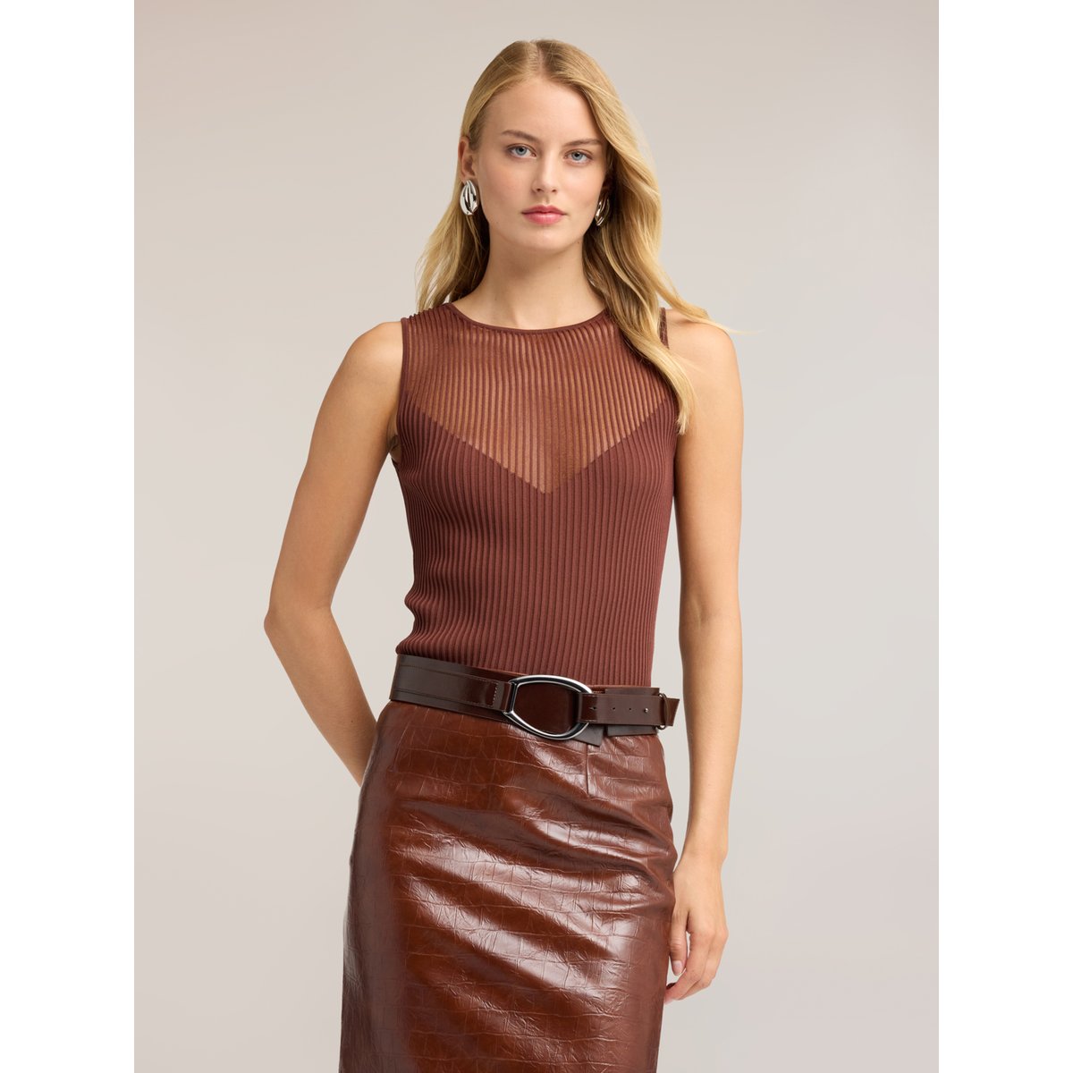 Col côtelé avec décolleté transparent marron, MOTIVI