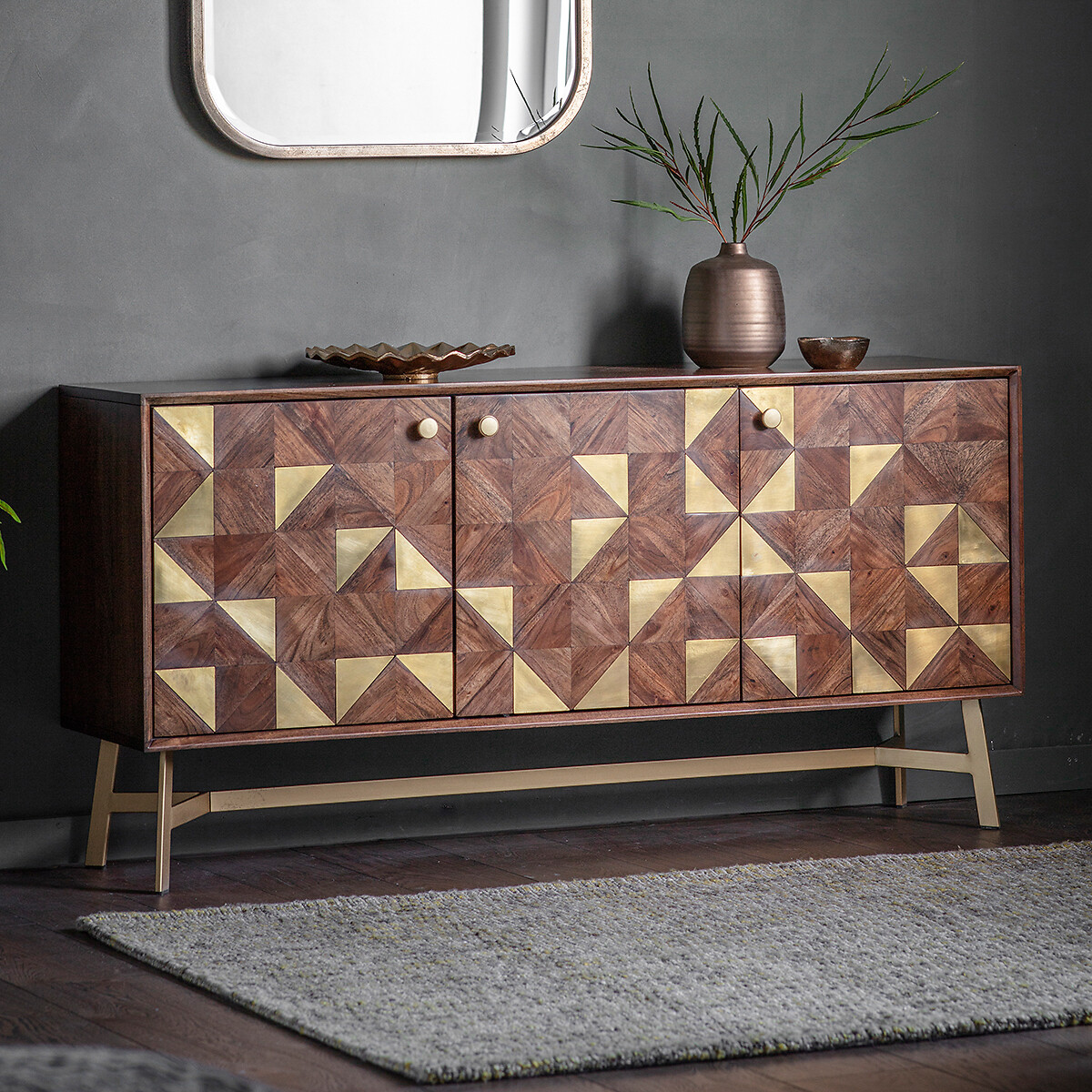 Almora Acacia Wood and Brass 3 Door Sideboard dark wood, ÉDITÉ
