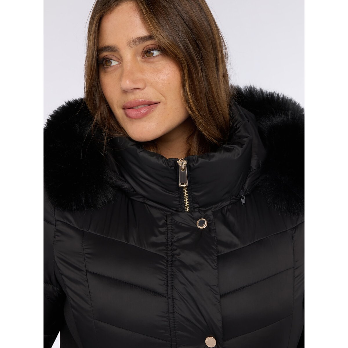 Veste matelassée longue avec capuche et surpiqûres noir, FIORELLA RUBINO