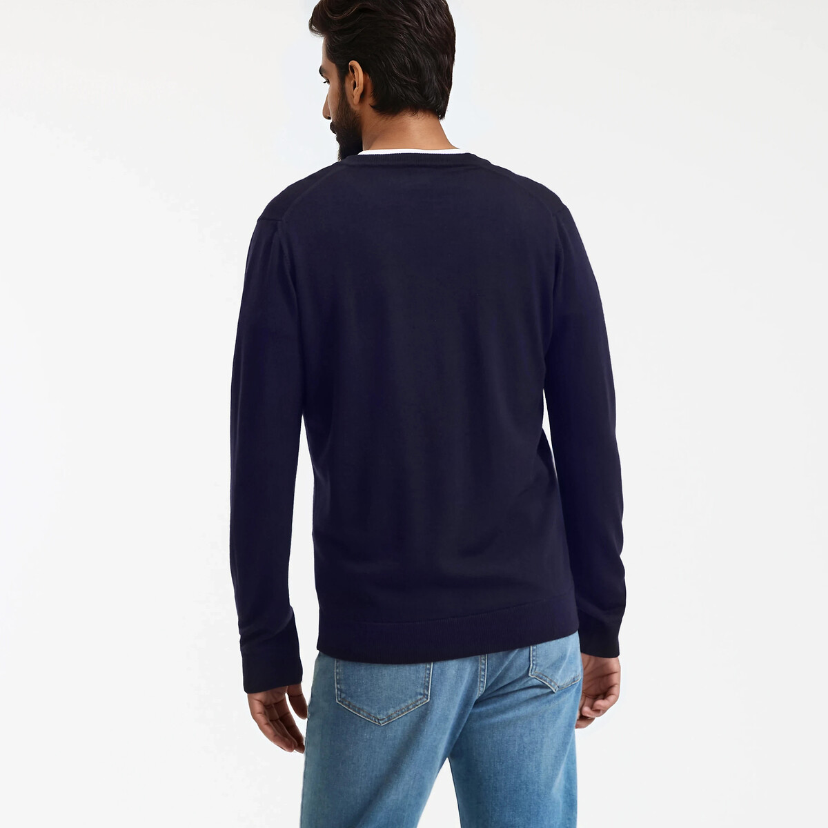 Maglia con scollo a V in lana merinos blu marino, LA REDOUTE COLLECTIONS