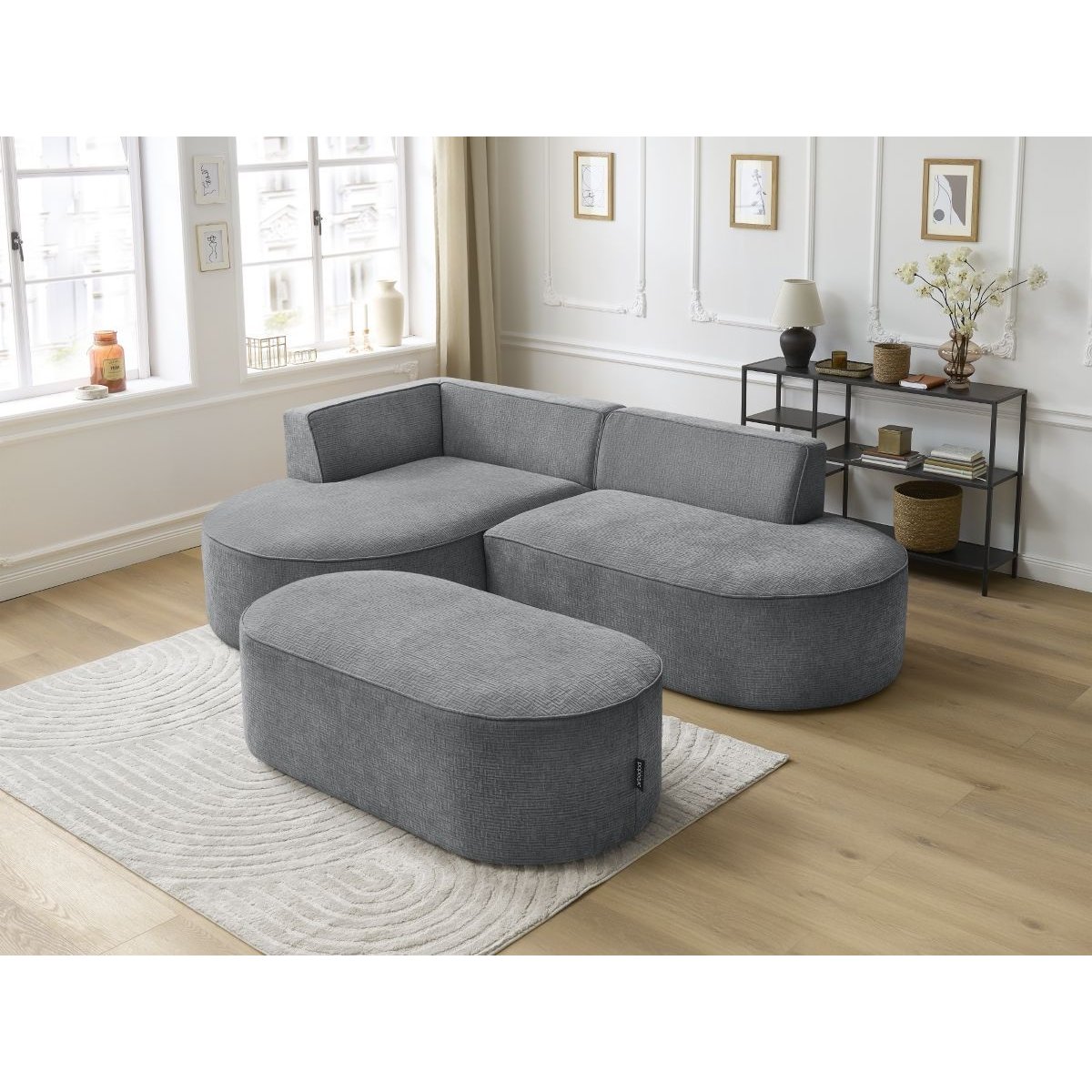 Canapé d'angle fixe 5 places en tissu texturé avec pouf, ROUSSEAU gris foncé, BOBOCHIC