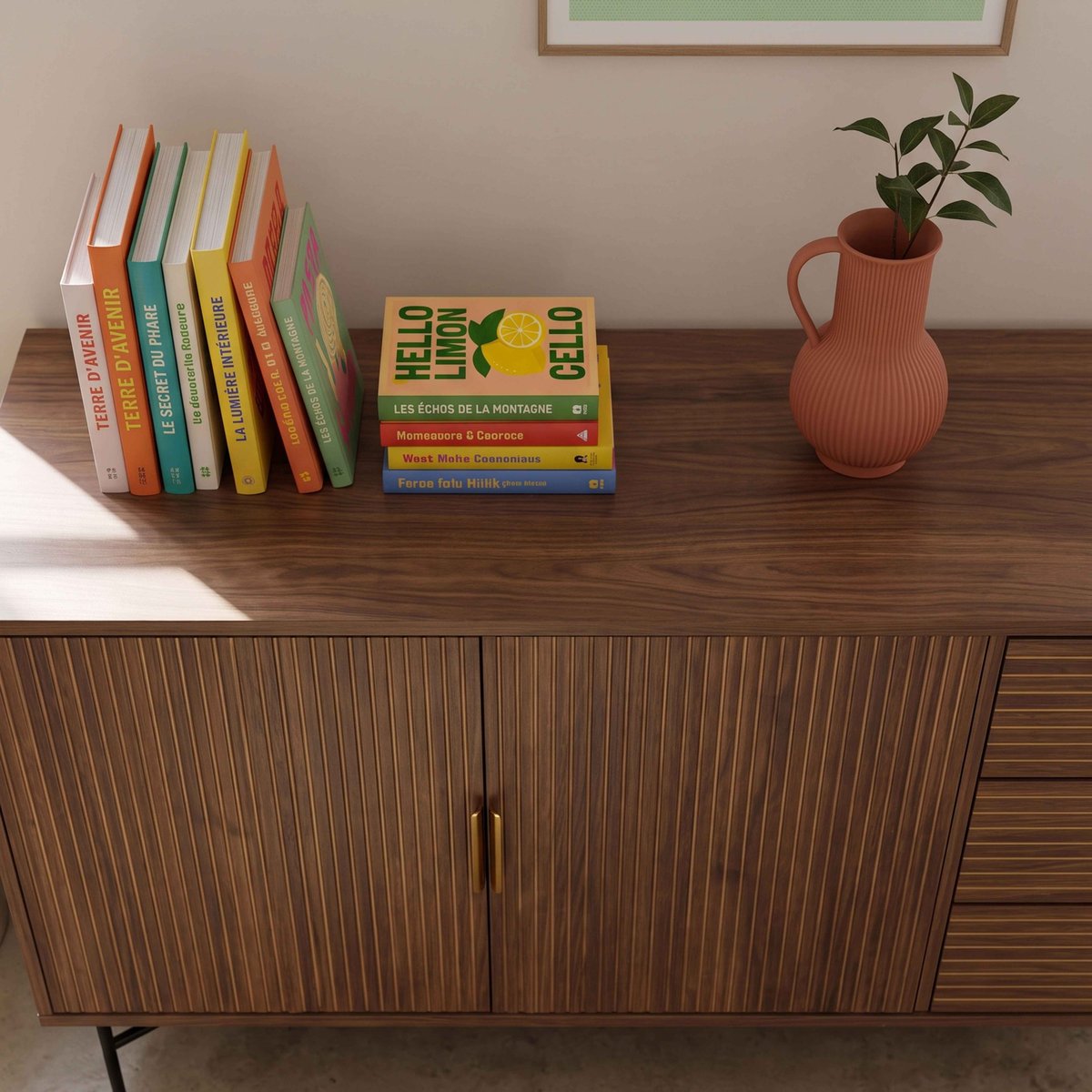 Buffet 2 portes et 3 tiroirs en mélaminé et acier 160 cm, GABIN marron, OVIALA