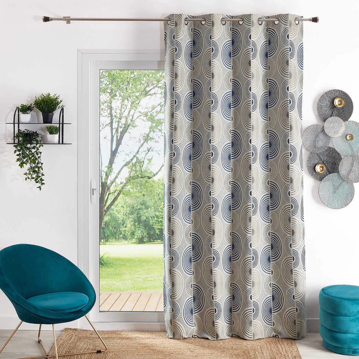 Rideau Jacquard Motif Demi-Cercles - QABANE bleu, HOME MAISON