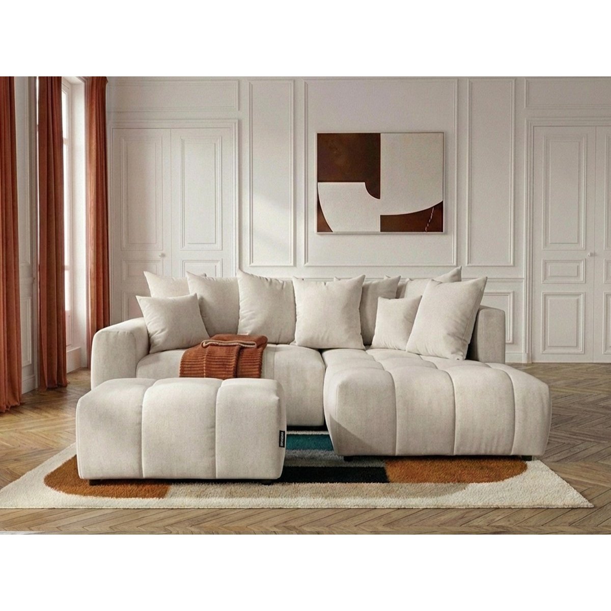 Canapé d'angle convertible 4 places en tissu chiné avec pouf, ROXELANE beige, BOBOCHIC
