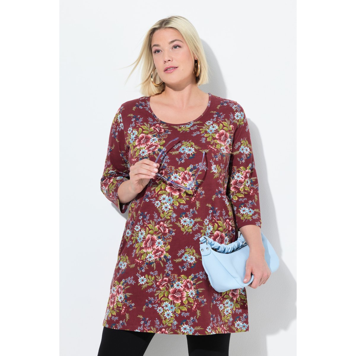 T-shirt long à fleurs bordeaux, ULLA POPKEN