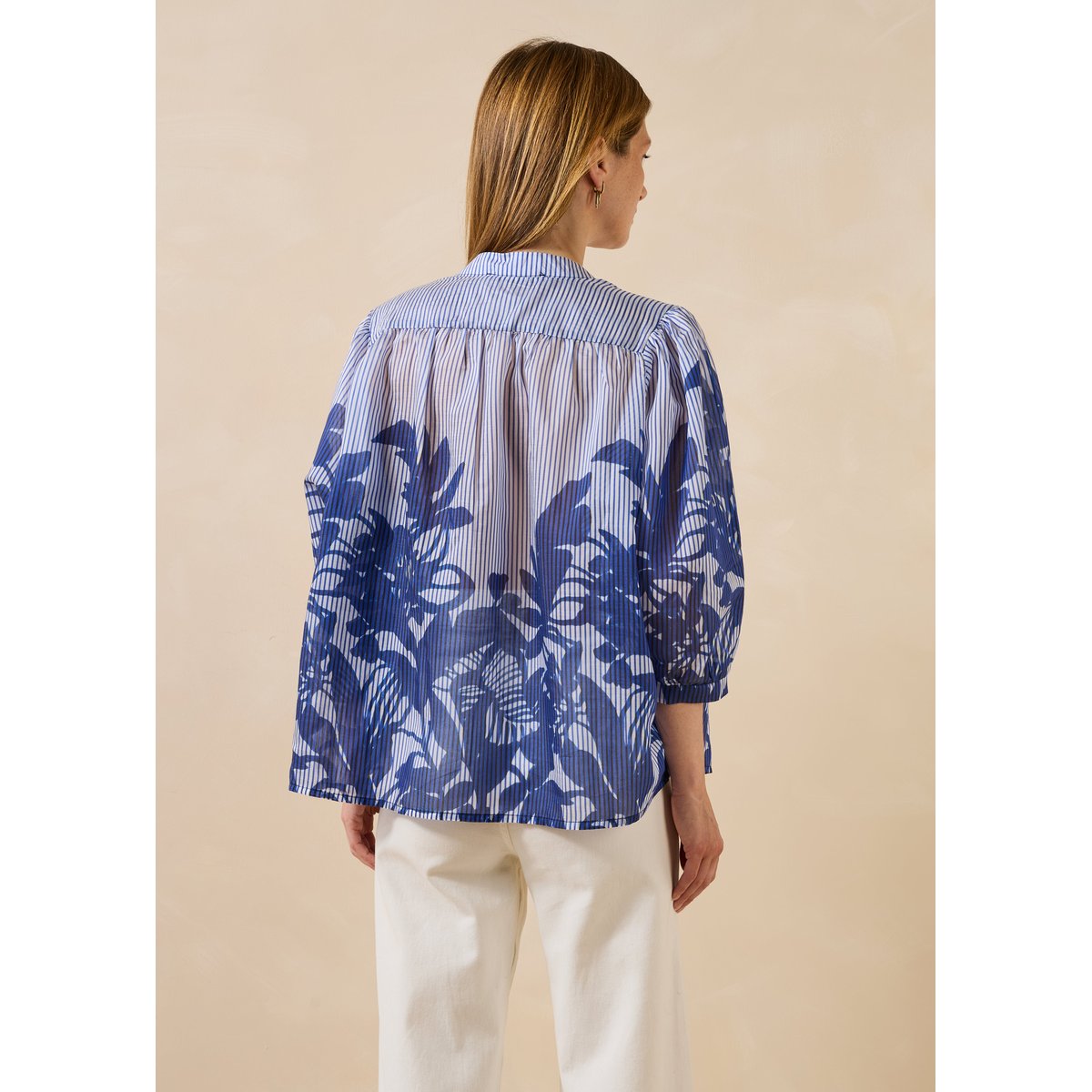 Chemise en lyocell à rayures et motif floral bleu, LA FEE MARABOUTEE