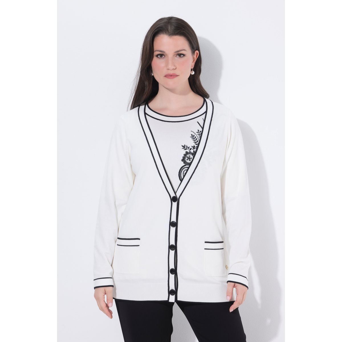 Cardigan long, liserés contrastants blanc cassé, ULLA POPKEN