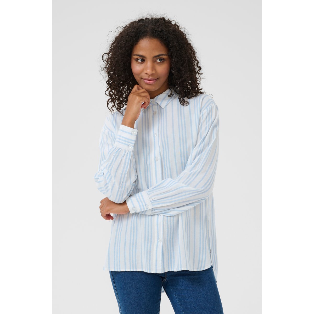 Long sleeved shirt blanc chalk/bleu soft chambray rayé, KAFFE