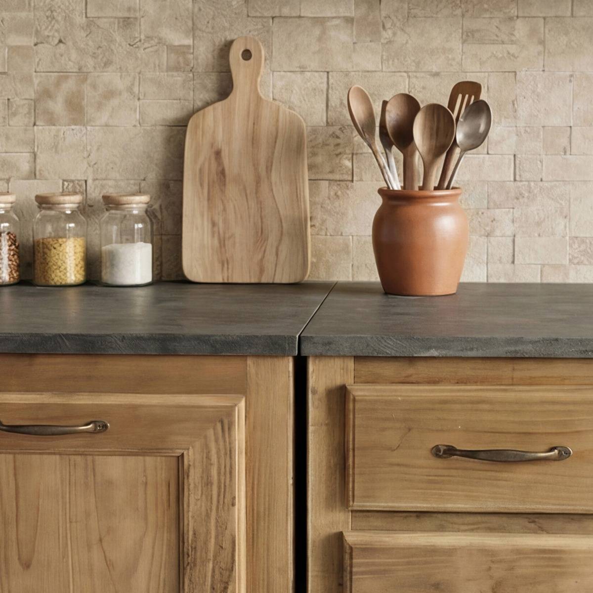 Meuble bas de cuisine en bois recyclé et pierre bleue CHAMPÊTRE bois clair, MADE IN MEUBLES