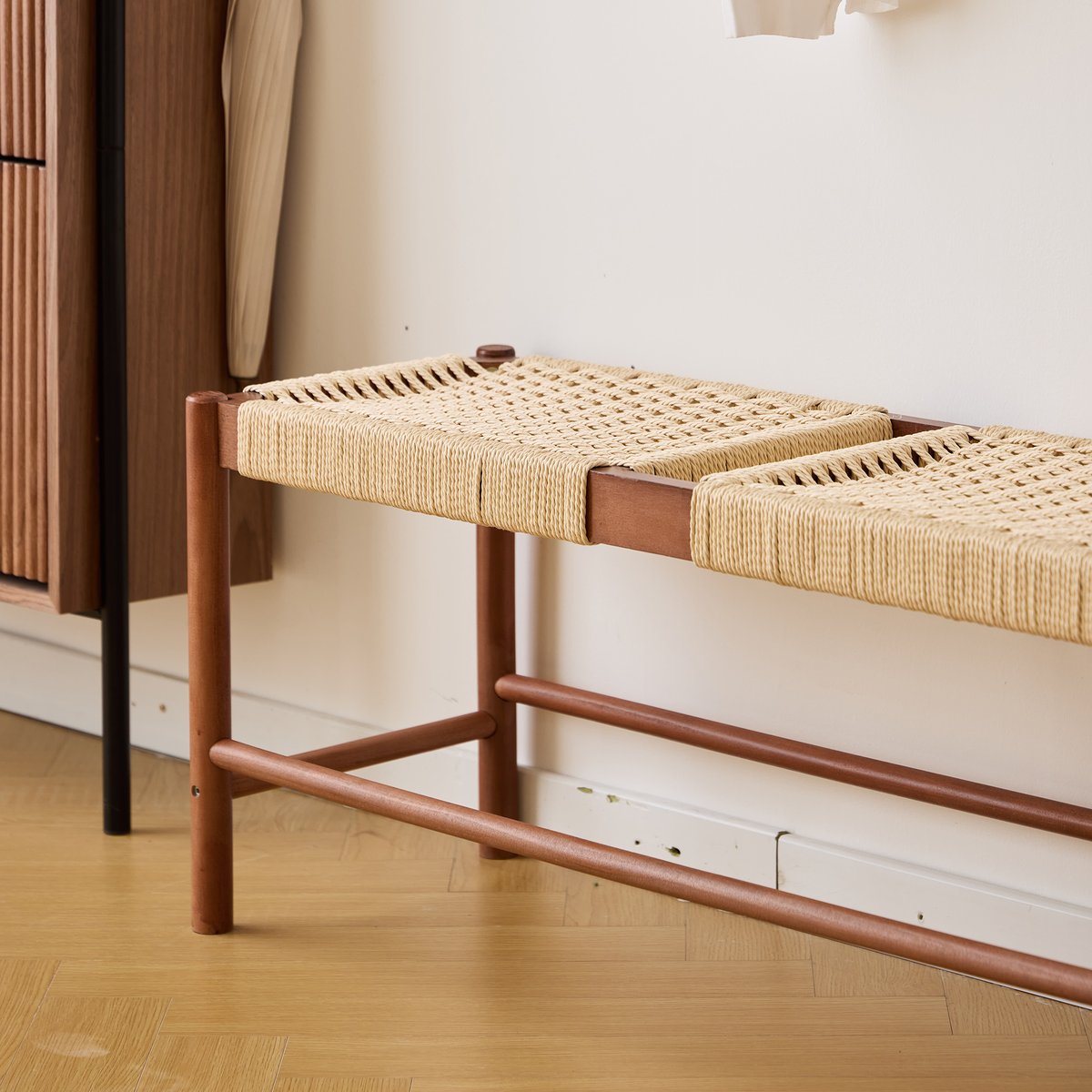 Banc avec rangement, en bois et corde, noyer, SALTABANC marron foncé, NORDLYS