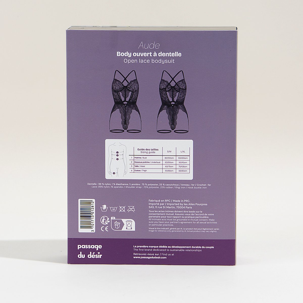 Body ouvert à dentelle Aude noir, PASSAGE DU DESIR LINGERIE
