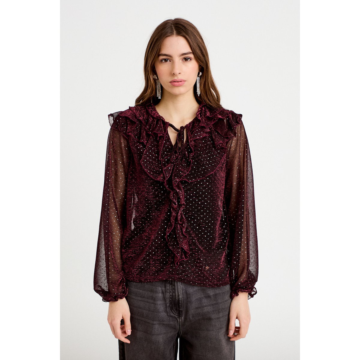 Blouse voile transparent pailleté violet foncé, CACHE CACHE
