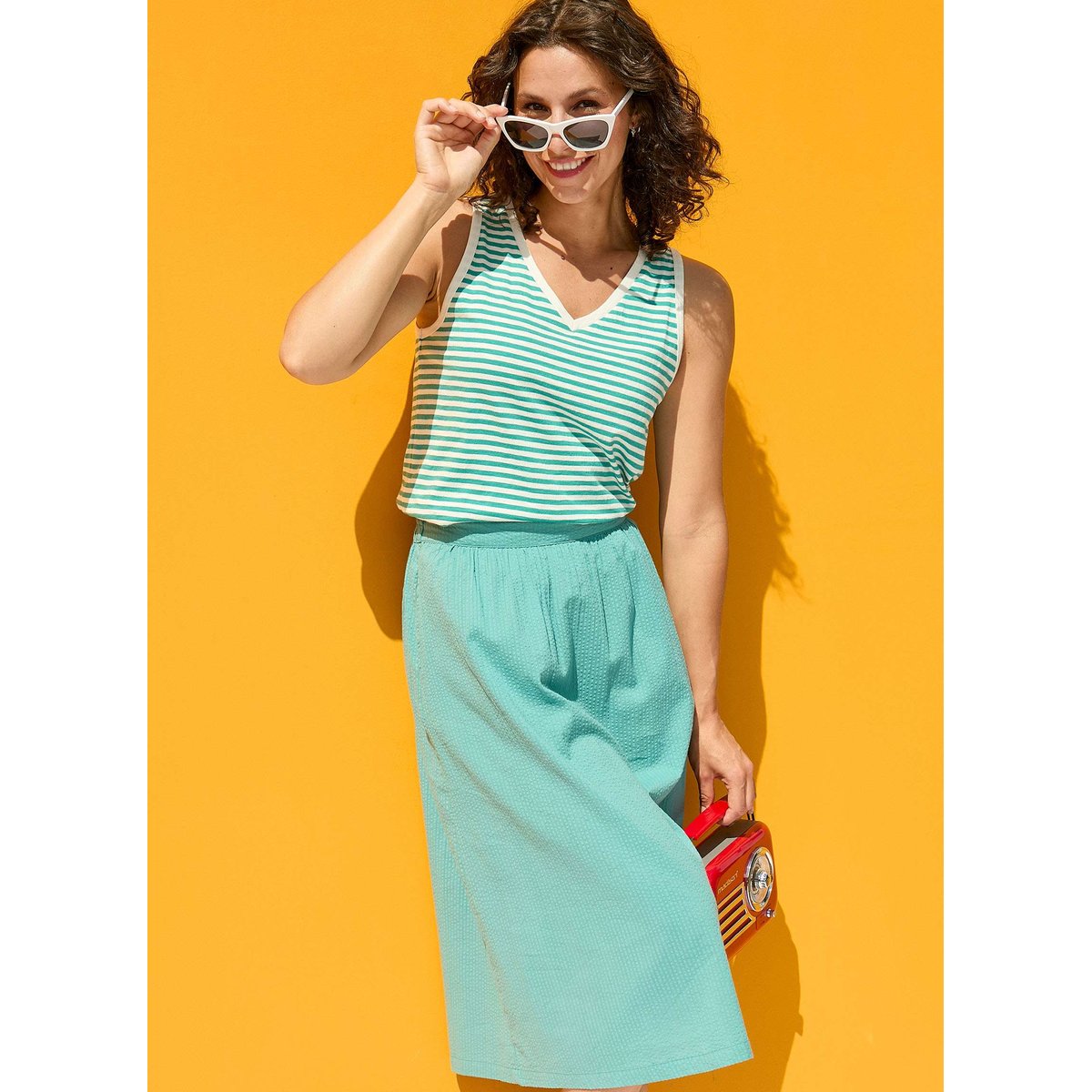 Jupe midi coton gaufré GAELA bleu turquoise gaela, PRINCESSE NOMADE