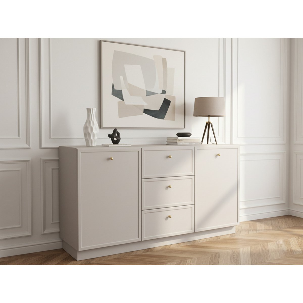 Buffet  en panneaux de particules 2 portes 3 tiroirs 150 cm, LORINA beige, BOBOCHIC