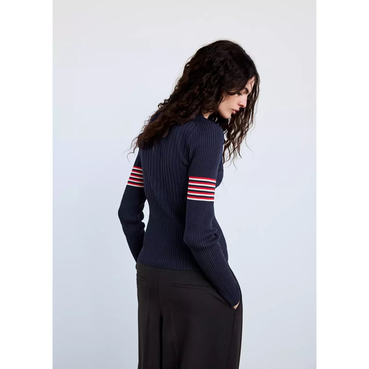Pull col polo à détail rayures bleu marine, MANGO