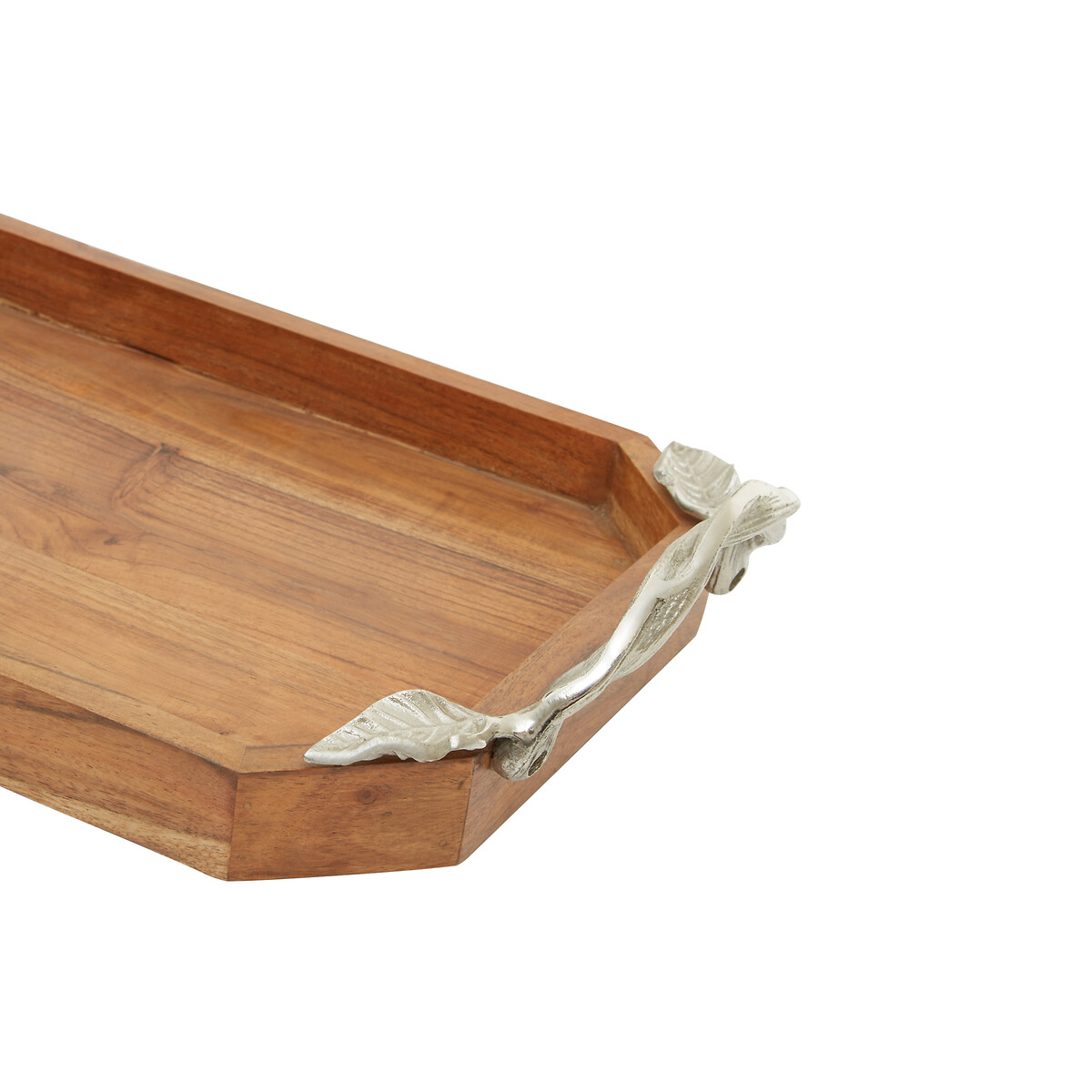 Acacia Wood Tray with Aluminium Leaf Handle brown, SO'HOME