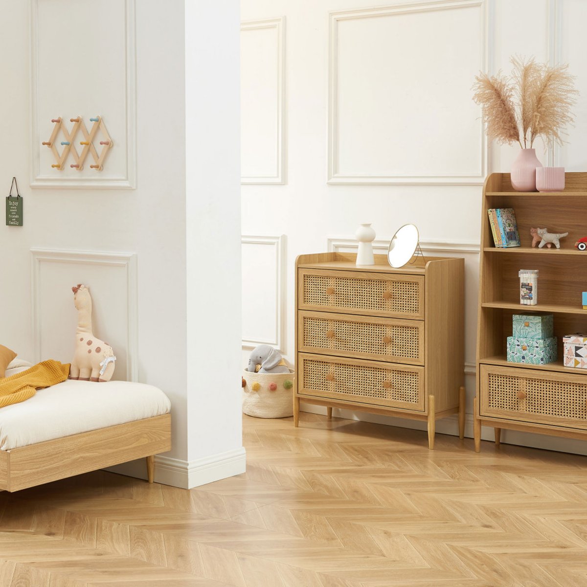Bibliothèque enfant en bois et cannage H140cm- LILOU bois clair, DRAWER