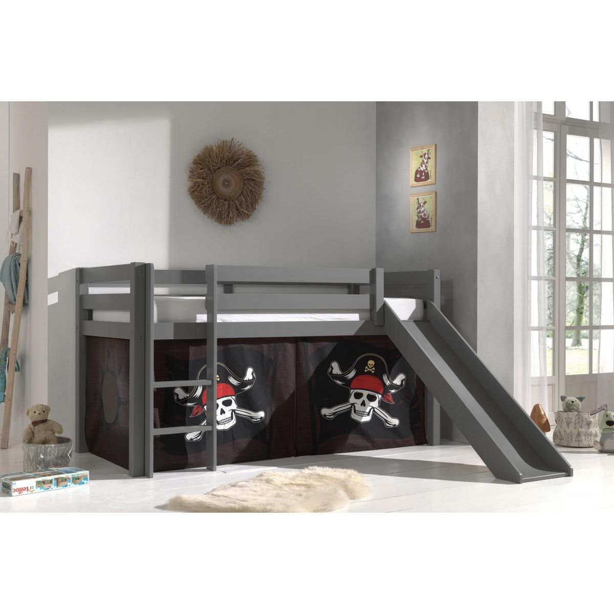 PINO Lit mezzanine avec toboggan pin massif Gris + Rideau pour lit en 4 parties Pirates couleur unique, VIPACK