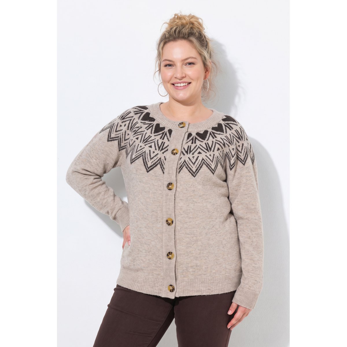 Cardigan motif norvégien beige mélangé, ULLA POPKEN