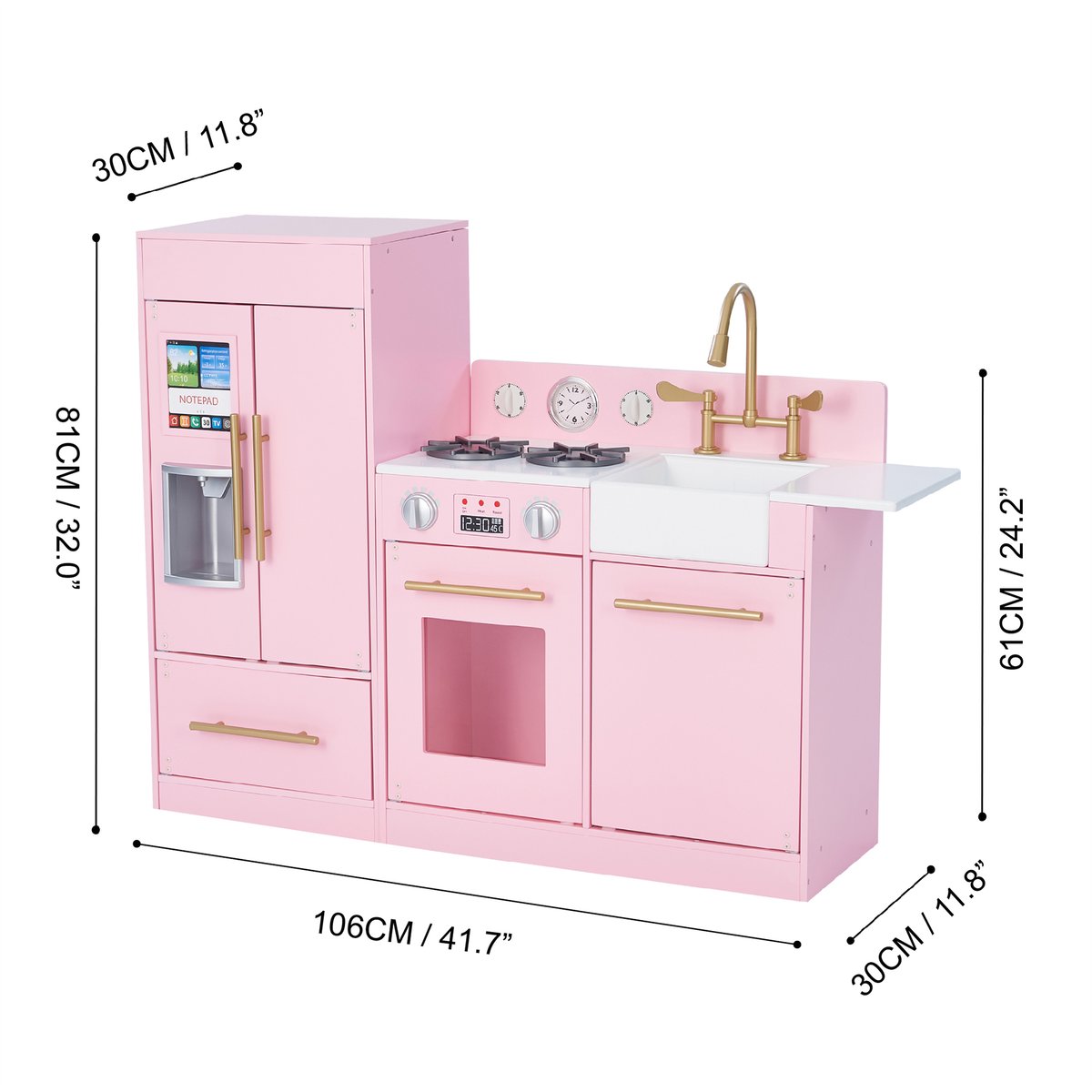 Cuisine bois enfant avec évier, frigo, four et jeux, Rose, LITTLE CHEF rose, TEAMSON KIDS