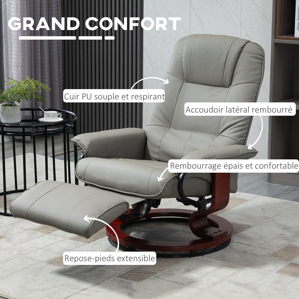 fauteuil inclinable Revêtement synthétique gris, HOMCOM