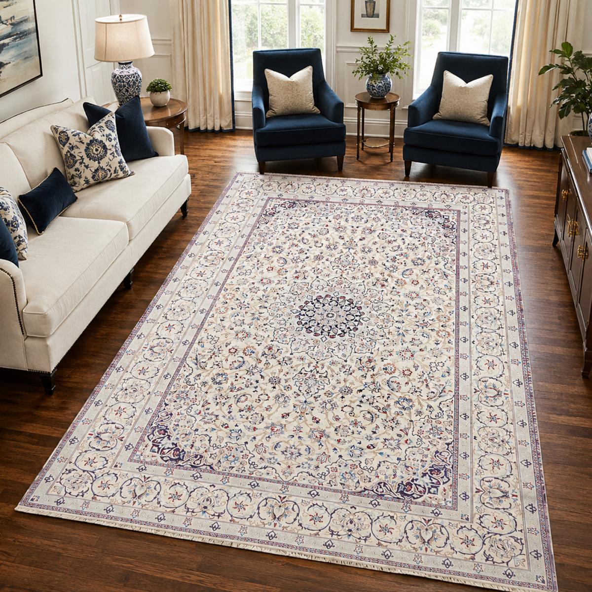Tapis d'orient, motif oriental, noué main, NAIN 9LA 35 crème, beige, bleu, UN AMOUR DE TAPIS