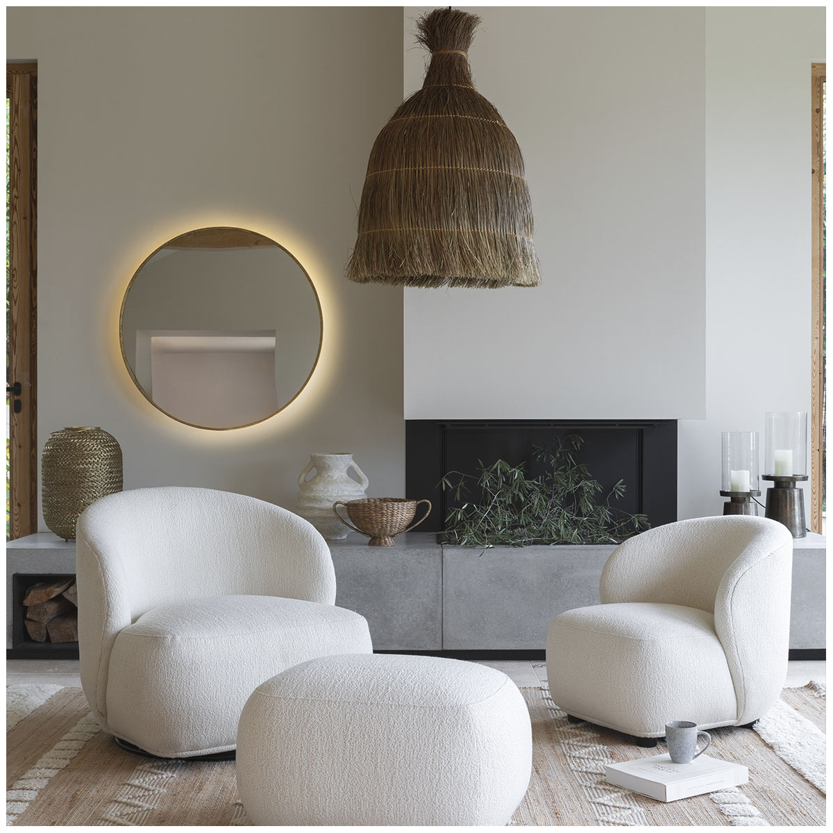 Miroir rond avec LED, métal fnition laiton dia 91 laiton, BLANC D’IVOIRE
