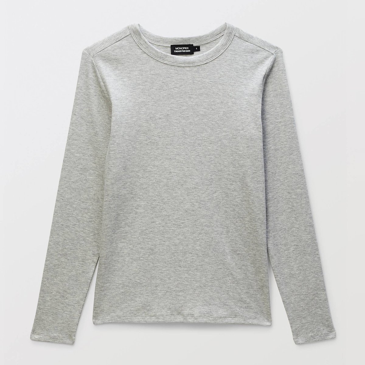 T-shirt à manches longues côtelé en coton BIO GOTS gris chine clair, MONOPRIX