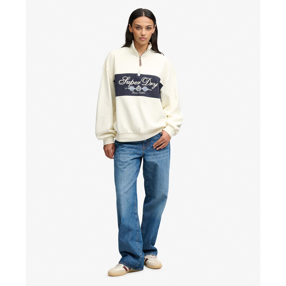 Sweat Ornate Script Half Zip Coupe Décontractée crème, SUPERDRY