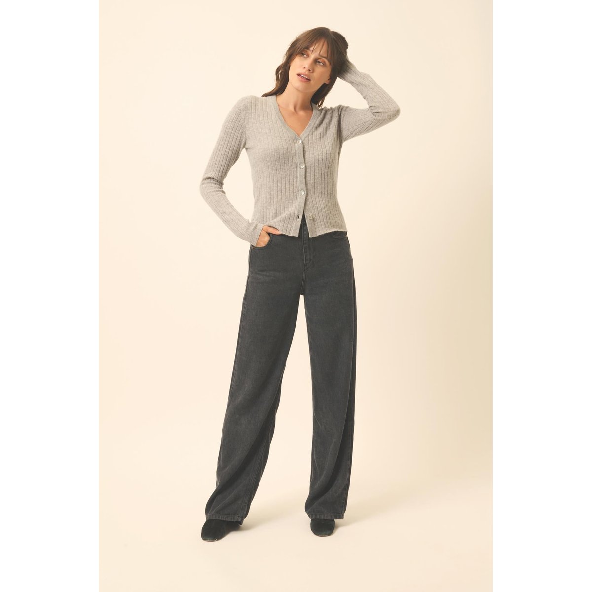 Cardigan Col V Nuage Chiné Camille gris chiné, JUST CASHMERE