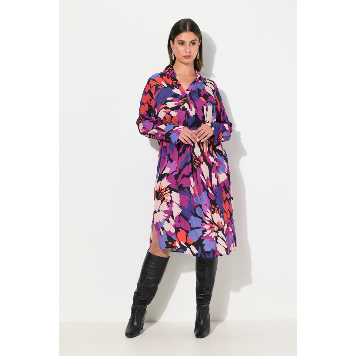 Robe midi décolleté en V et manches longues baie, ULLA POPKEN